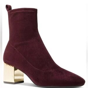 Michael Michael Kors Porter Merlot Faux Suede Gold Heel Sock Boots Size 8.5